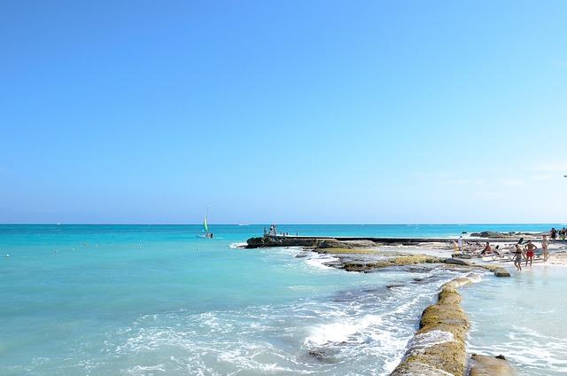 hotel, mexico, water, blue, resort, beach, rocks, ocean, tourism, cancun, nature, tropical, travel, vacation, coast, sand, destination, blue sand, blue hotel