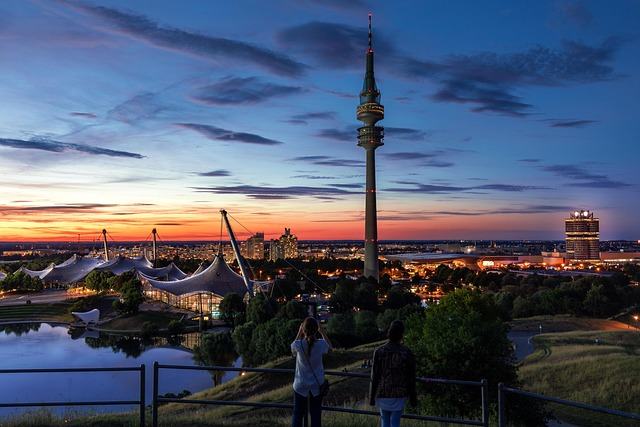 munich, olympic stadium, tv tower, sunset, city, olympic park, stadium, tower, football stadium, people, nature, tourists, perspective, view, germany, lights, dusk