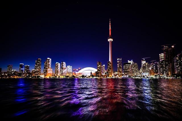 toronto, city, cn tower, skydome, skyline, architecture, nature, buildings, towers, lights, dark, night, water, reflection, urban, cityscape, city lights, skyscrapers